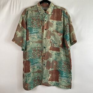 Huk-A-Poo Vintage 70s 100% silk short sleeve button down shirt size L